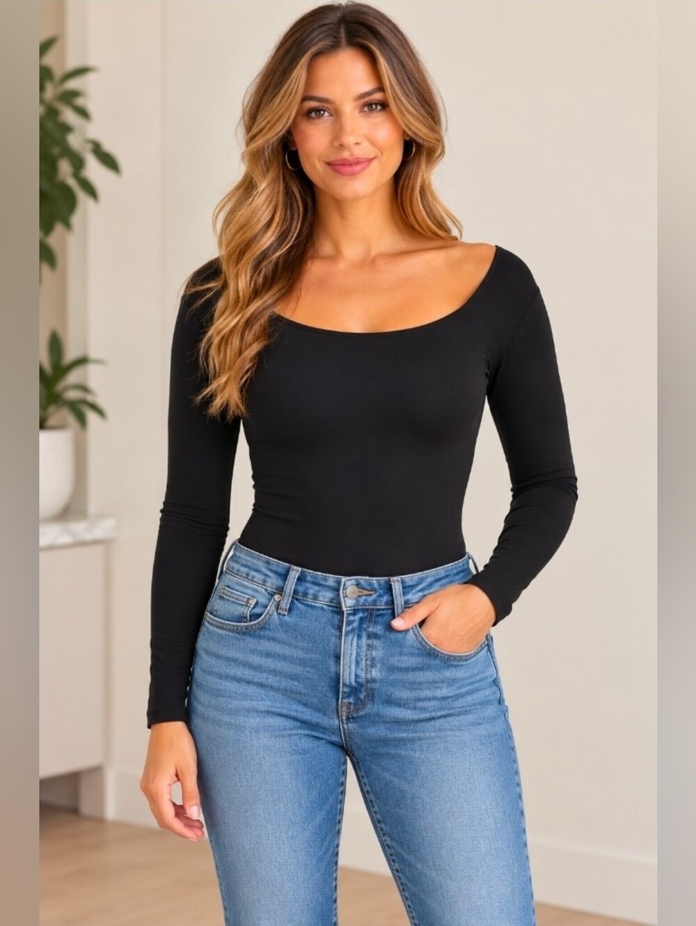 SPANX Black Long-Sleeve Scoop-Neck Bodysuit